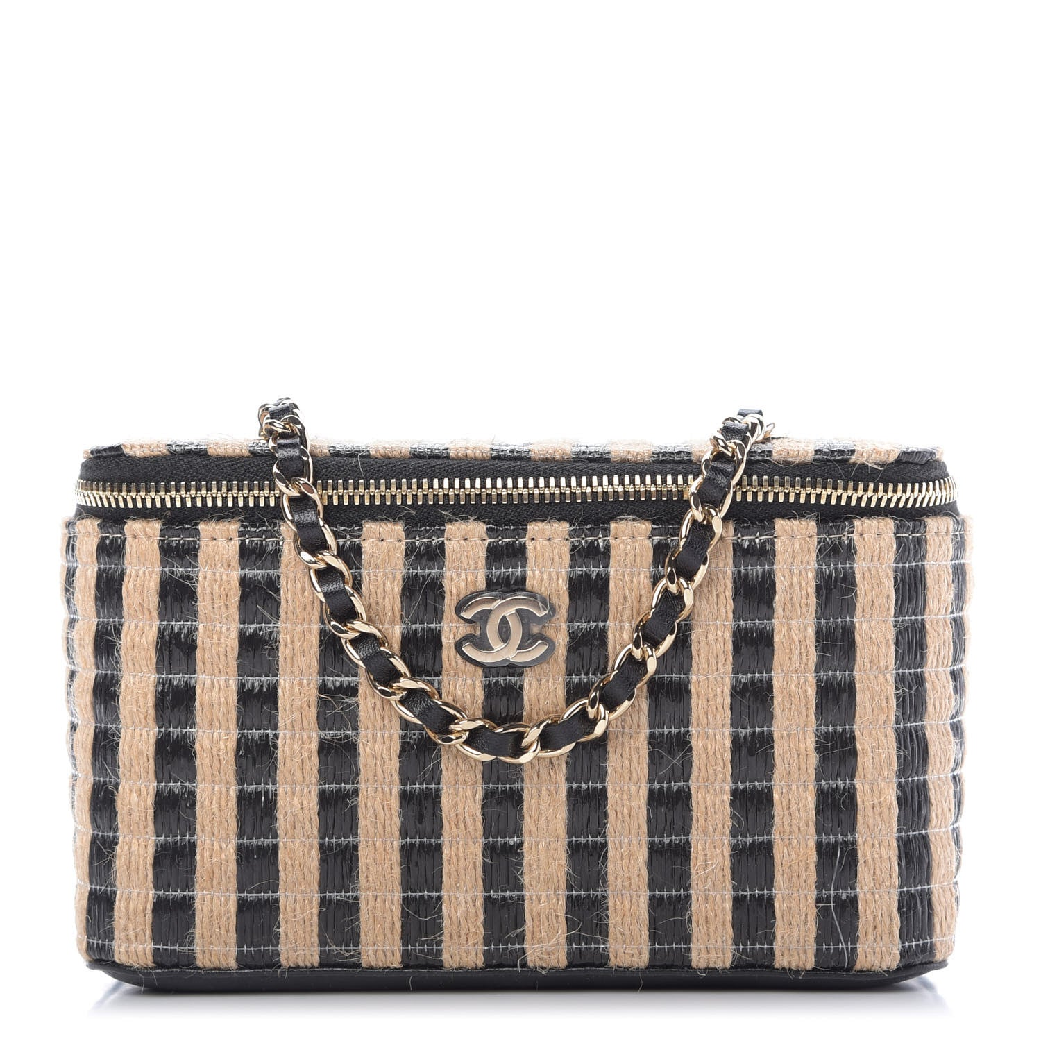 Chanel Raffia Jute Striped Small Vanity Case With Chain Black Beige 1 of 9