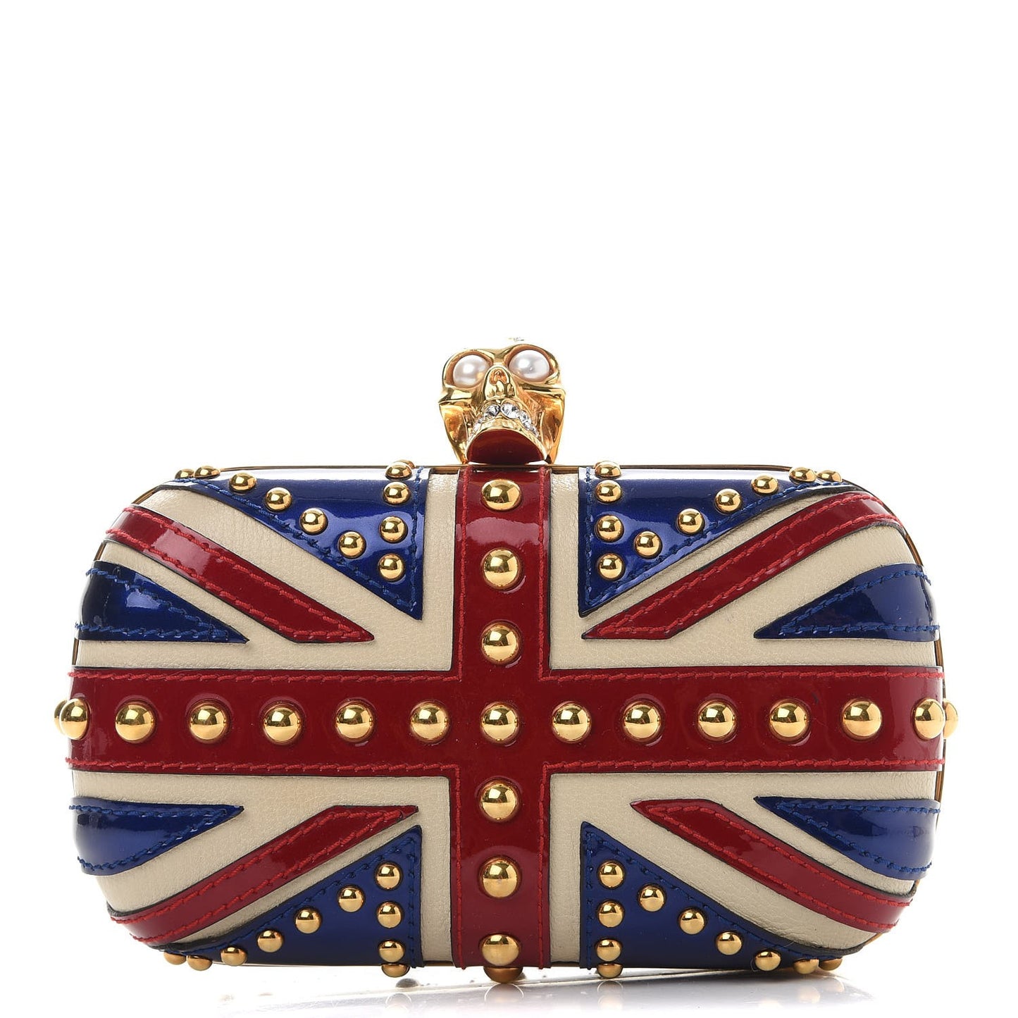 Patent Calfskin Studded Britannia Skull Box Clutch Red Blue