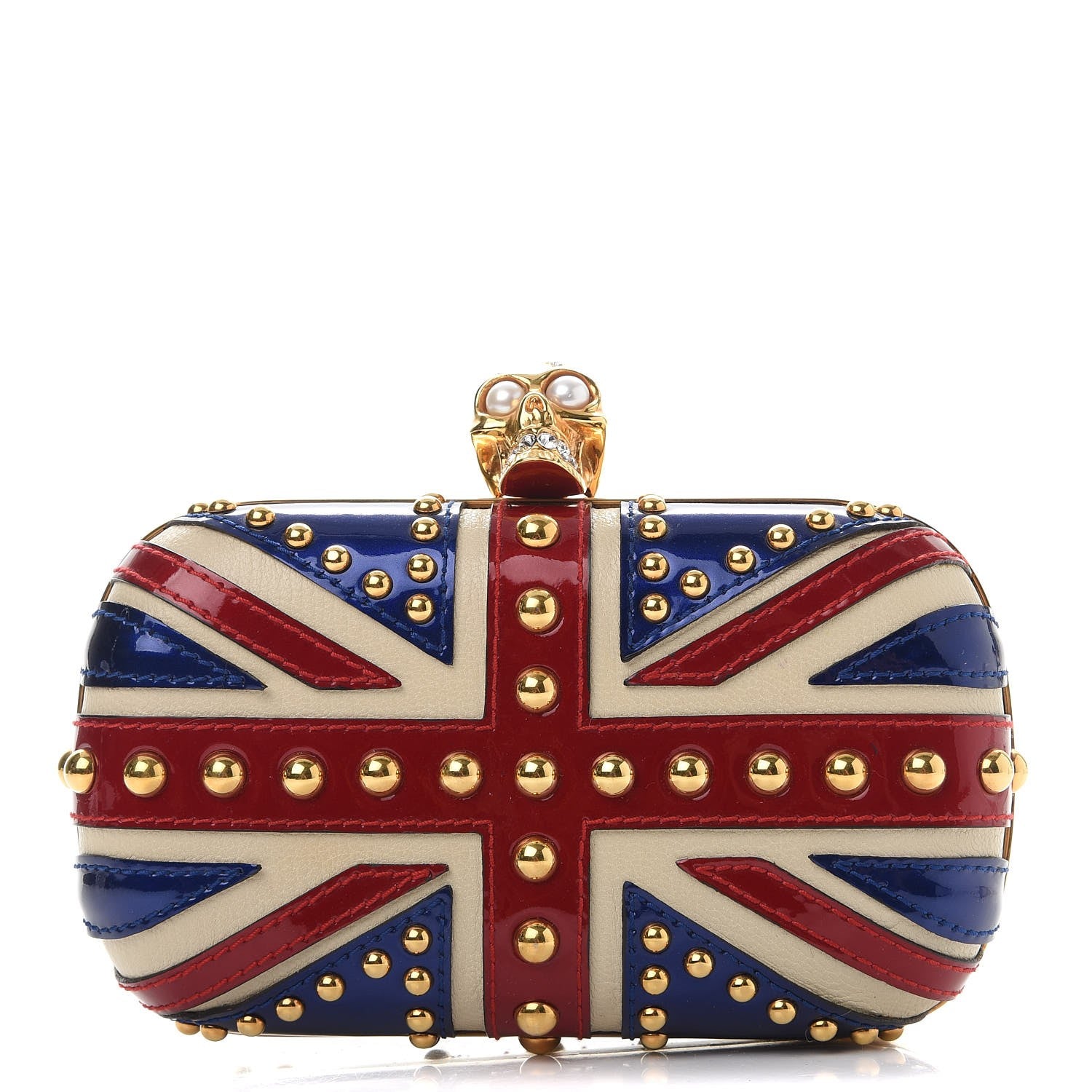 Alexander McQueen Patent Calfskin Studded Britannia Skull Box Clutch Red Blue 1 of 7
