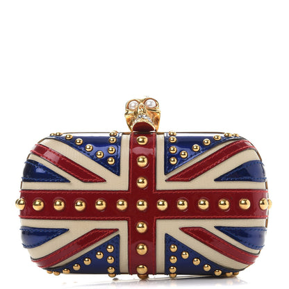 Alexander McQueen Patent Calfskin Studded Britannia Skull Box Clutch Red Blue 1 of 7