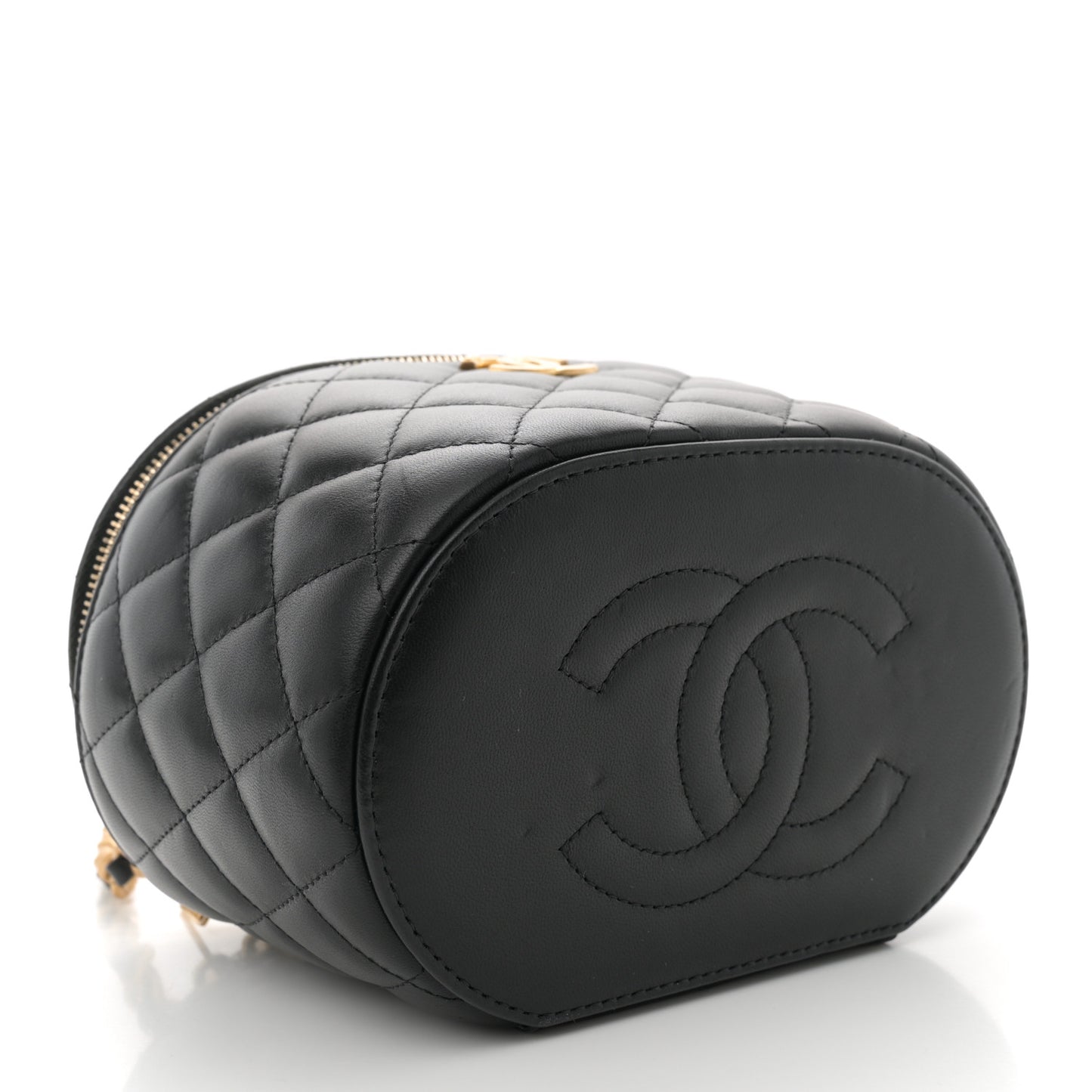 Lambskin Quilted Chain Top Handle Round Vanity Case Black
