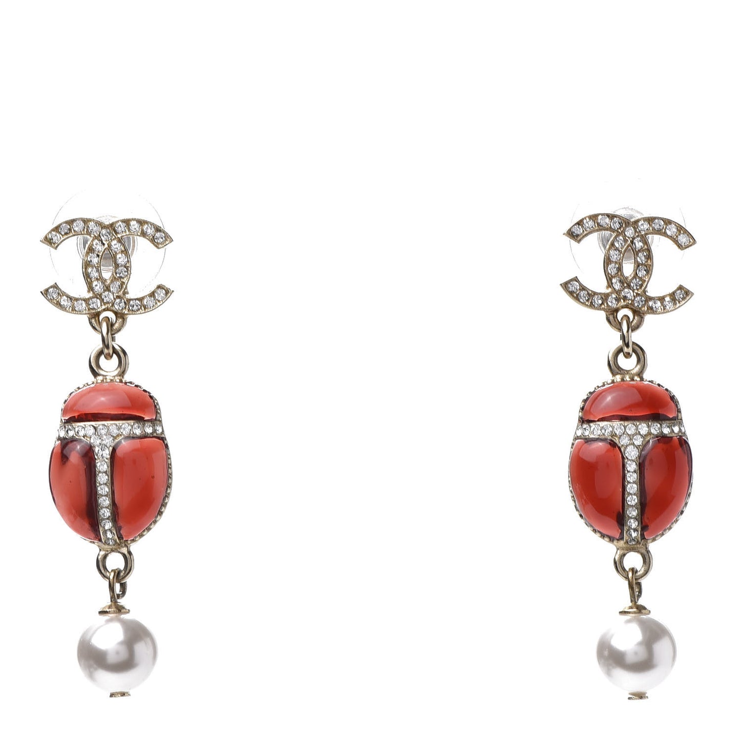 Crystal Pearl CC Drop Earrings Gold Red