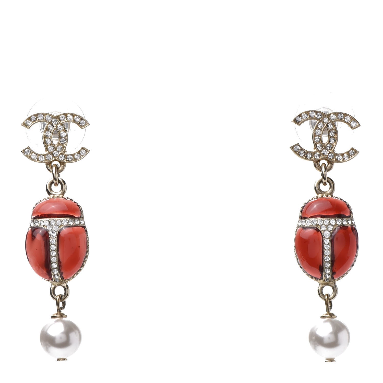 Chanel Crystal Pearl CC Drop Earrings Gold Red 1 of 5