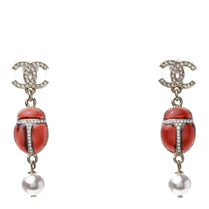 Chanel Crystal Pearl CC Drop Earrings Gold Red 1 of 5