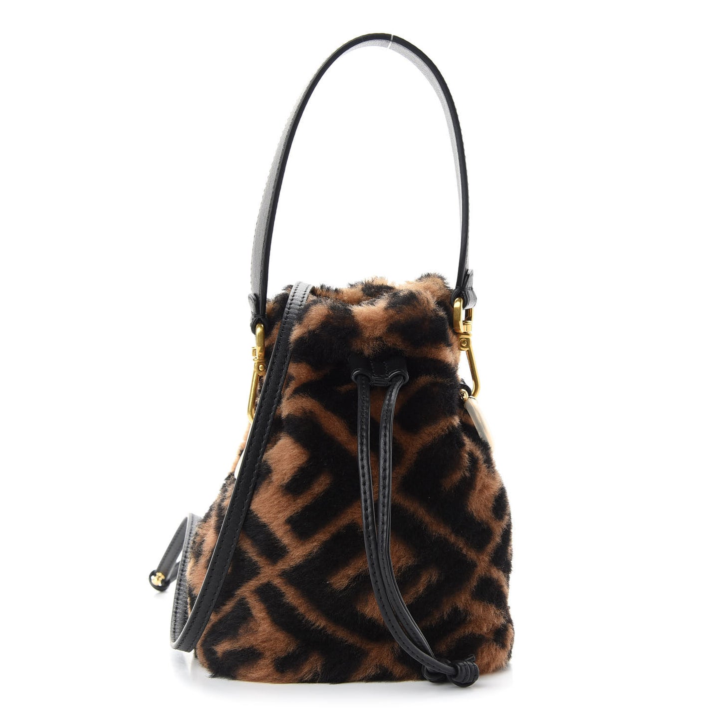 Shearling Vitello Dolce F is Fendi Macro FF 1974 Mini Mon Tresor Bucket Bag Tobacco Black