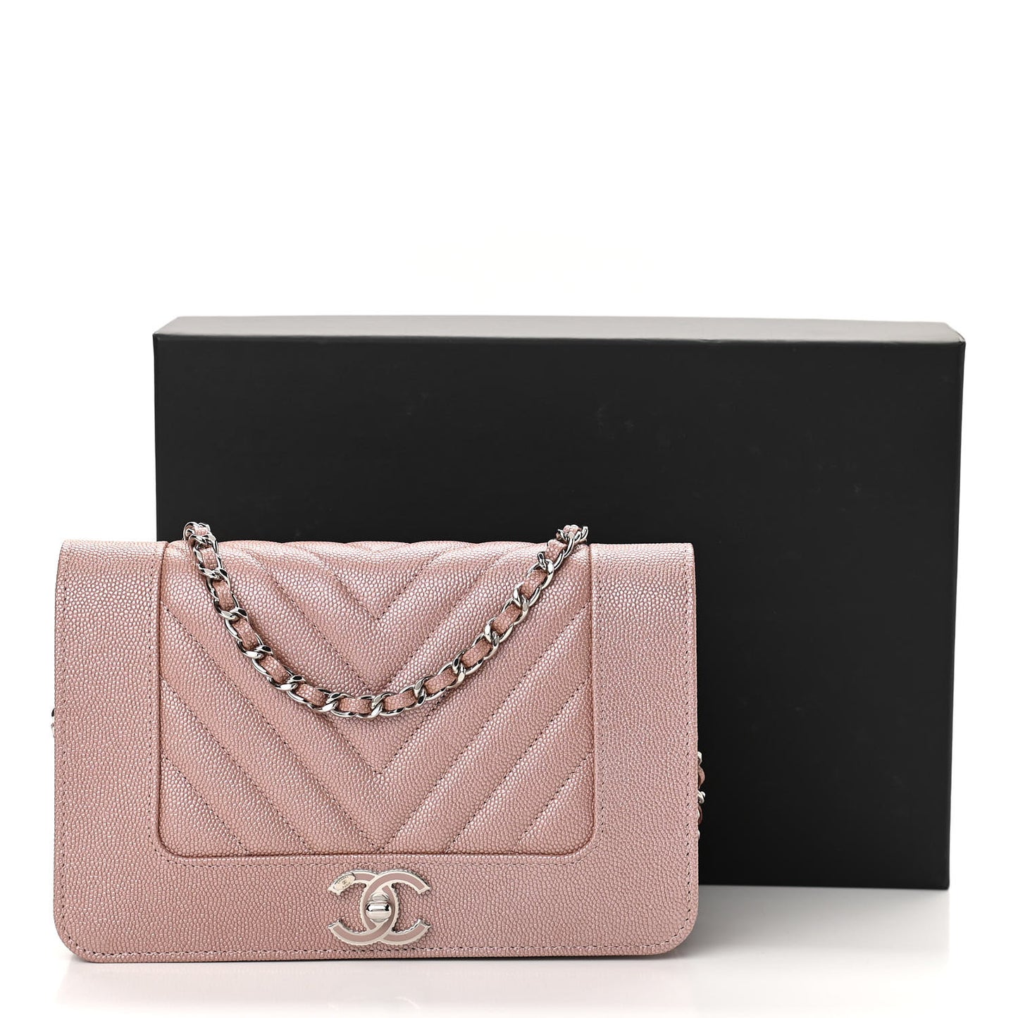 Metallic Caviar Chevron Quilted Vintage Mademoiselle Wallet On Chain WOC Pink