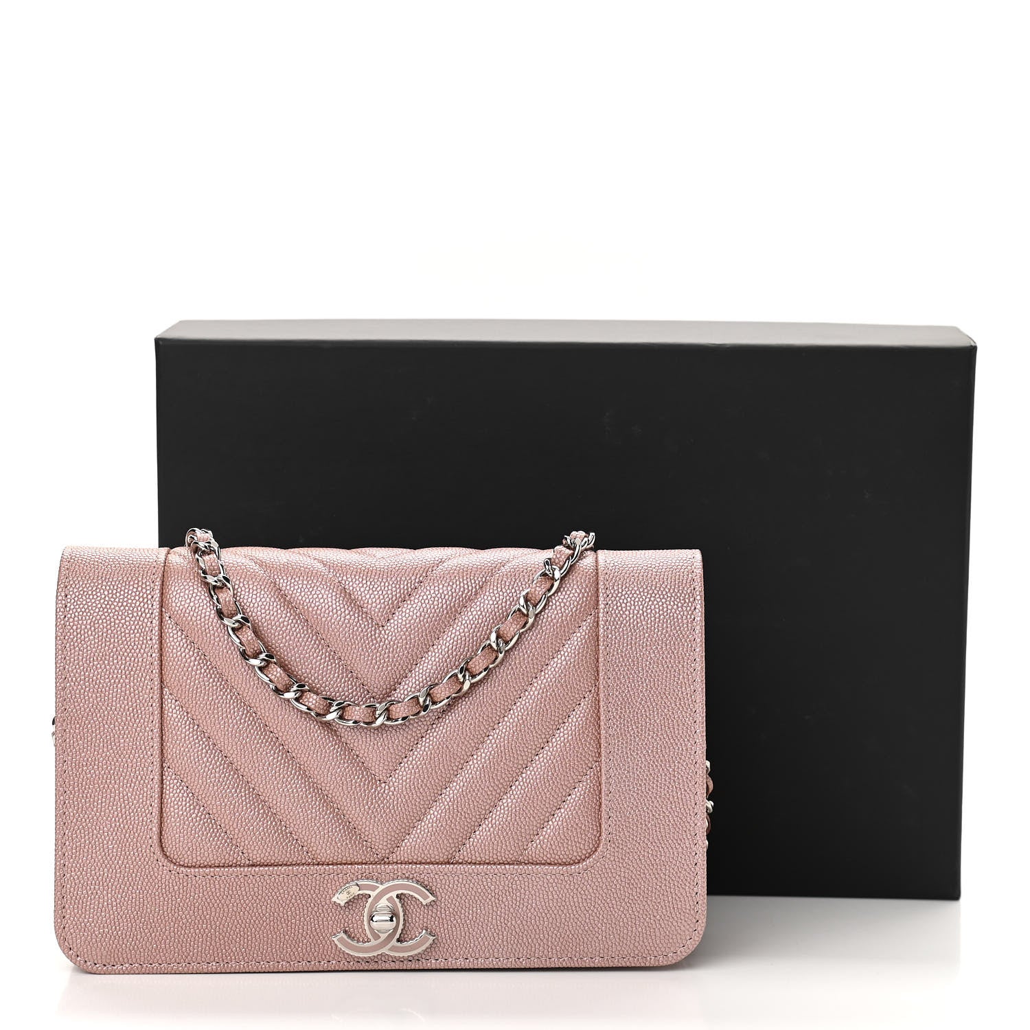 Chanel Metallic Caviar Chevron Quilted Vintage Mademoiselle Wallet On Chain WOC Pink 12 of 12