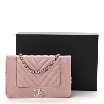 Chanel Metallic Caviar Chevron Quilted Vintage Mademoiselle Wallet On Chain WOC Pink 12 of 12