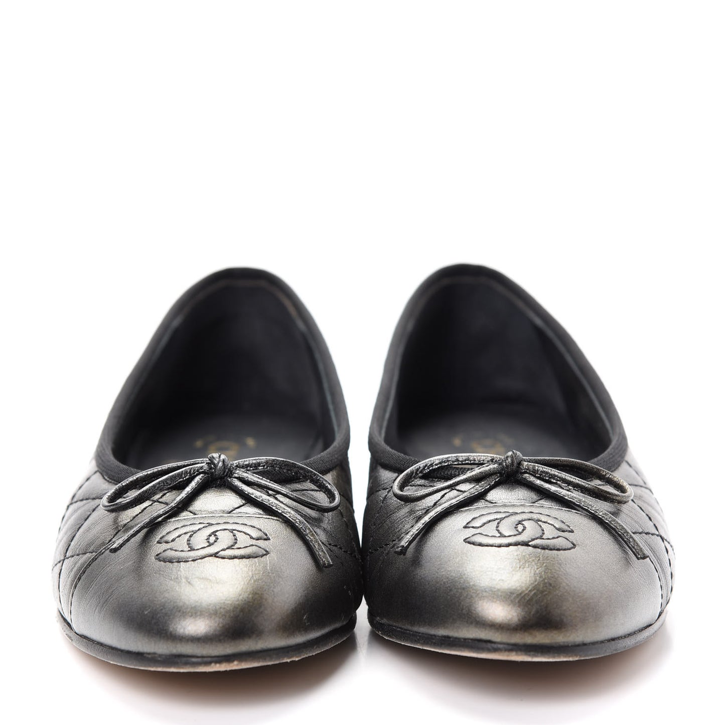 Metallic Aged Calfskin Quilted CC Cap Toe Ballerina Flats 37.5 Dark Silver