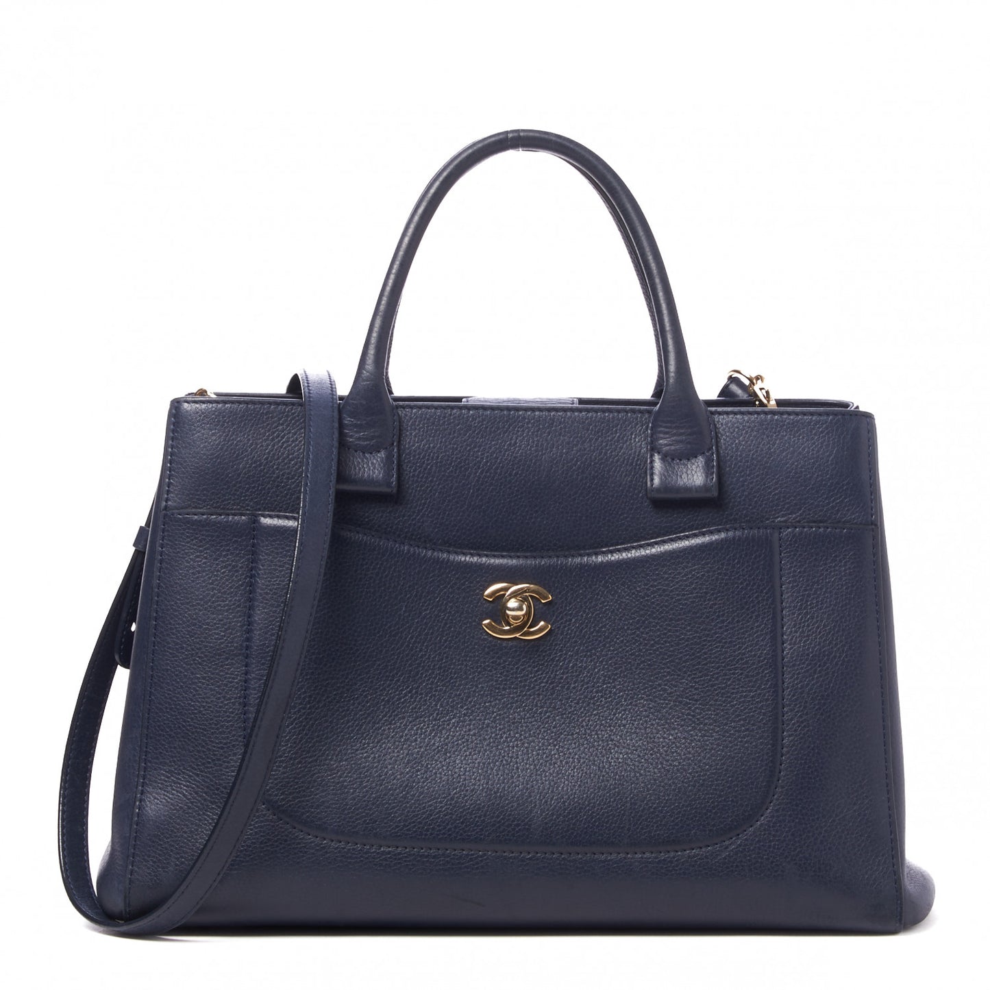 Grained Calfskin Small Neo Executive Shopper Tote Navy