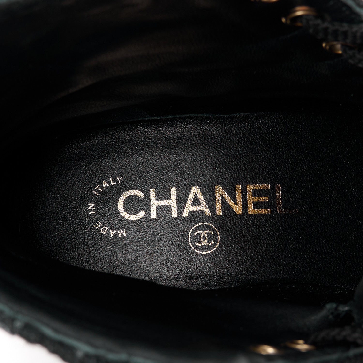 Chanel Tweed Patent Calfskin Pearl Combat Short Boots 35.5 Black Grey Blue 7 of 8
