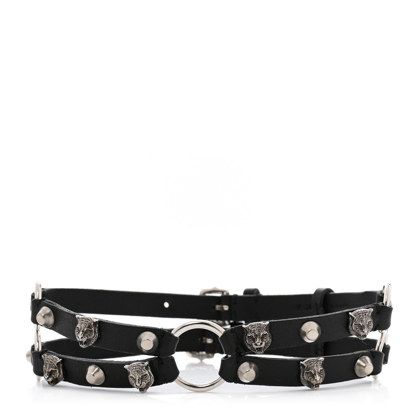 Calfskin Feline Head Double Strap Choker Black