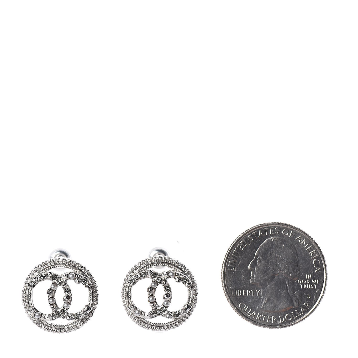 Chanel Pearl Crystal CC Round Earrings Silver 2 of 5