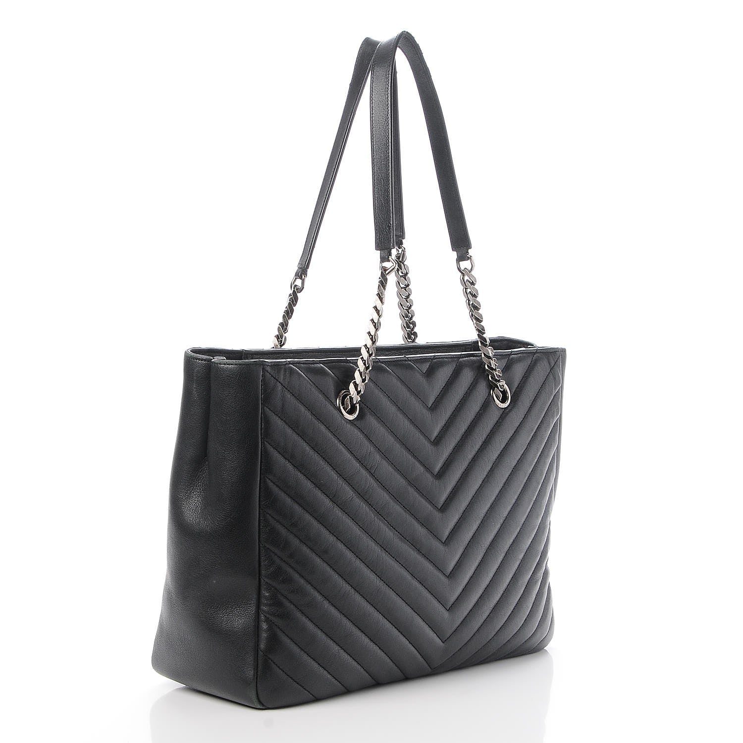 Saint Laurent Sheepskin Matelasse Chevron Large Monogram Shopping Bag Black 4 of 8