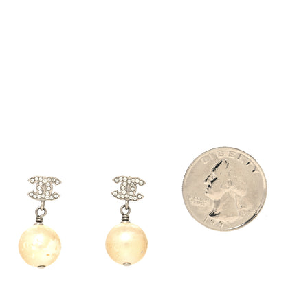 Chanel Crystal Pearl CC Drop Earrings Silver Pearly White 2 of 5