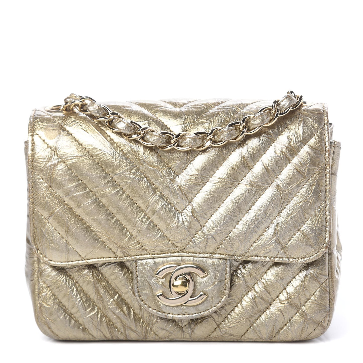 Patent Metallic Crumpled Calfskin Chevron Quilted Mini Square Flap Gold