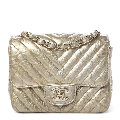 Chanel Patent Metallic Crumpled Calfskin Chevron Quilted Mini Square Flap Gold 1 of 10