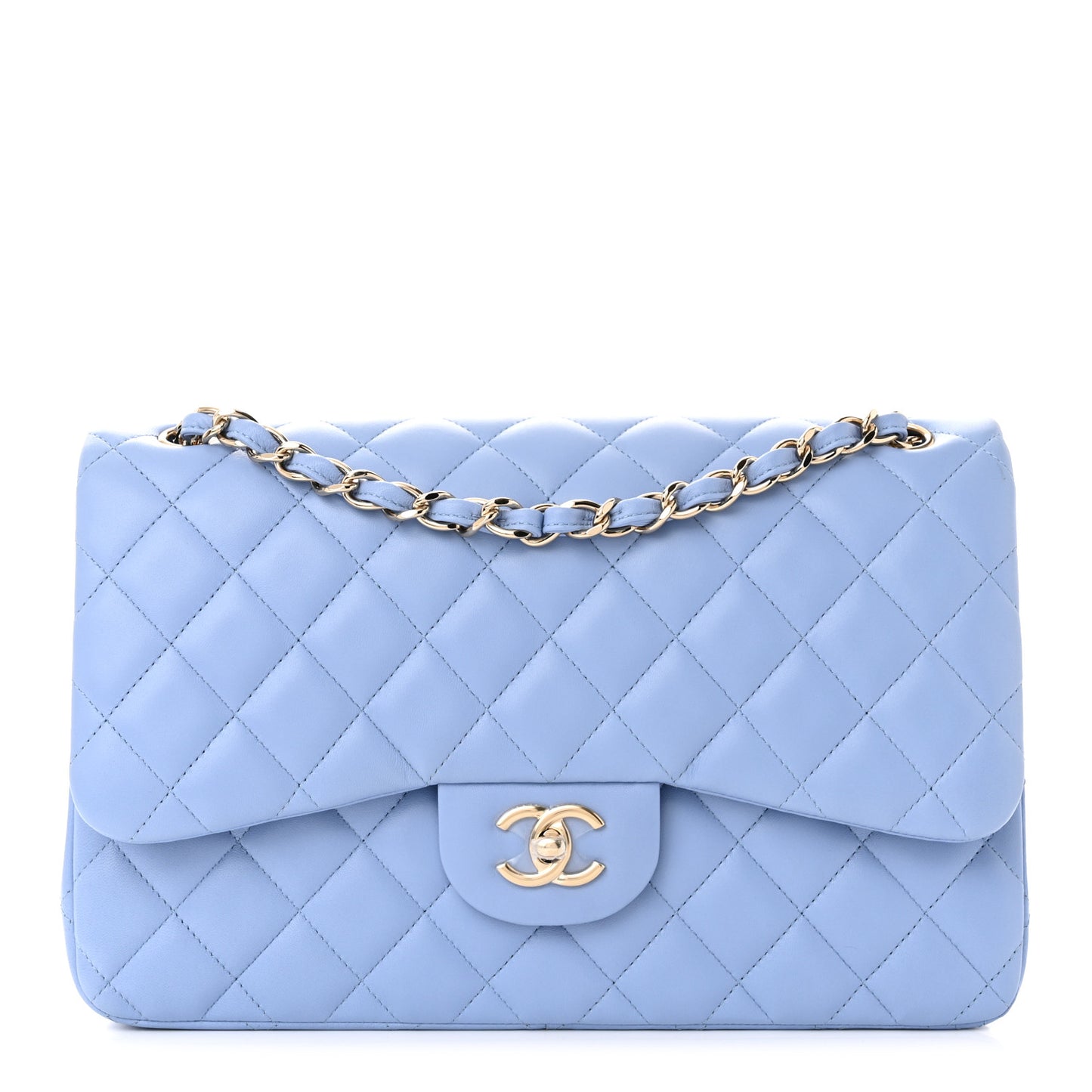 Lambskin Quilted Jumbo Double Flap Light Blue