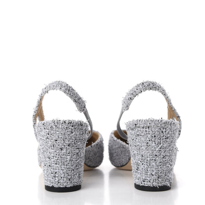 Chanel Tweed Grosgrain Cap Toe CC Slingback Pumps 38.5 Grey Silver Black 4 of 15