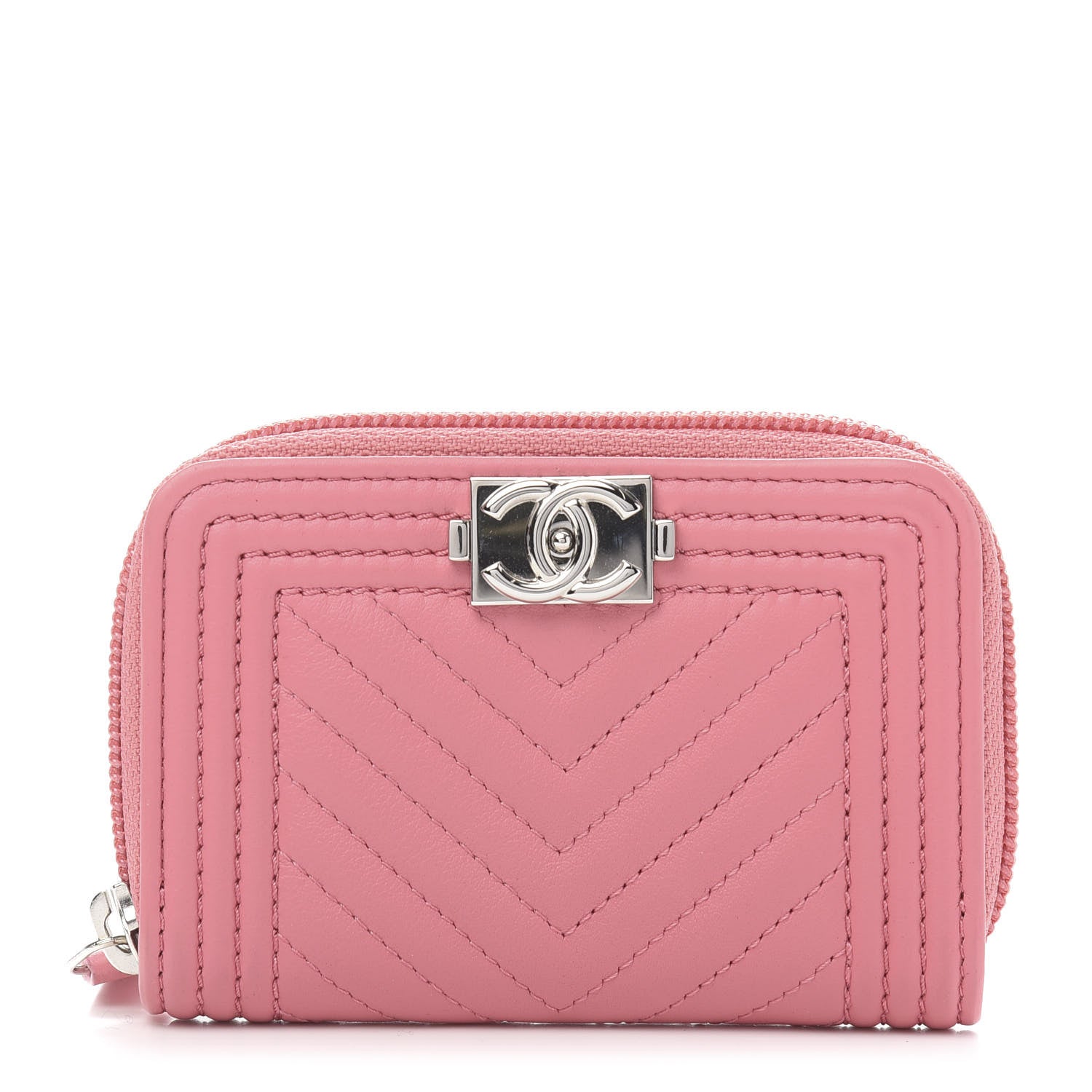Chanel Calfskin Chevron Quilted Zip Around Boy Coin Purse Wallet Pink 1 of 9