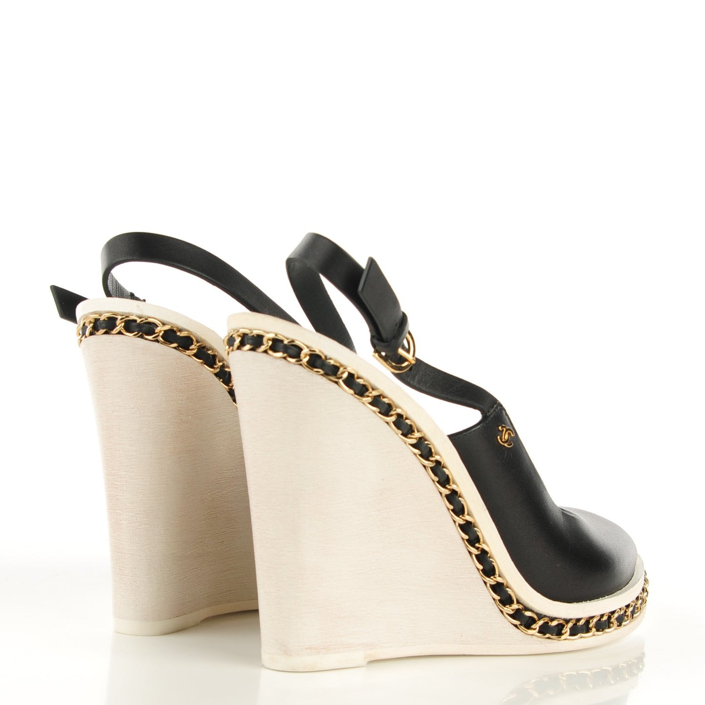 Leather Chain Slingback Wedge Sandals 39 Black