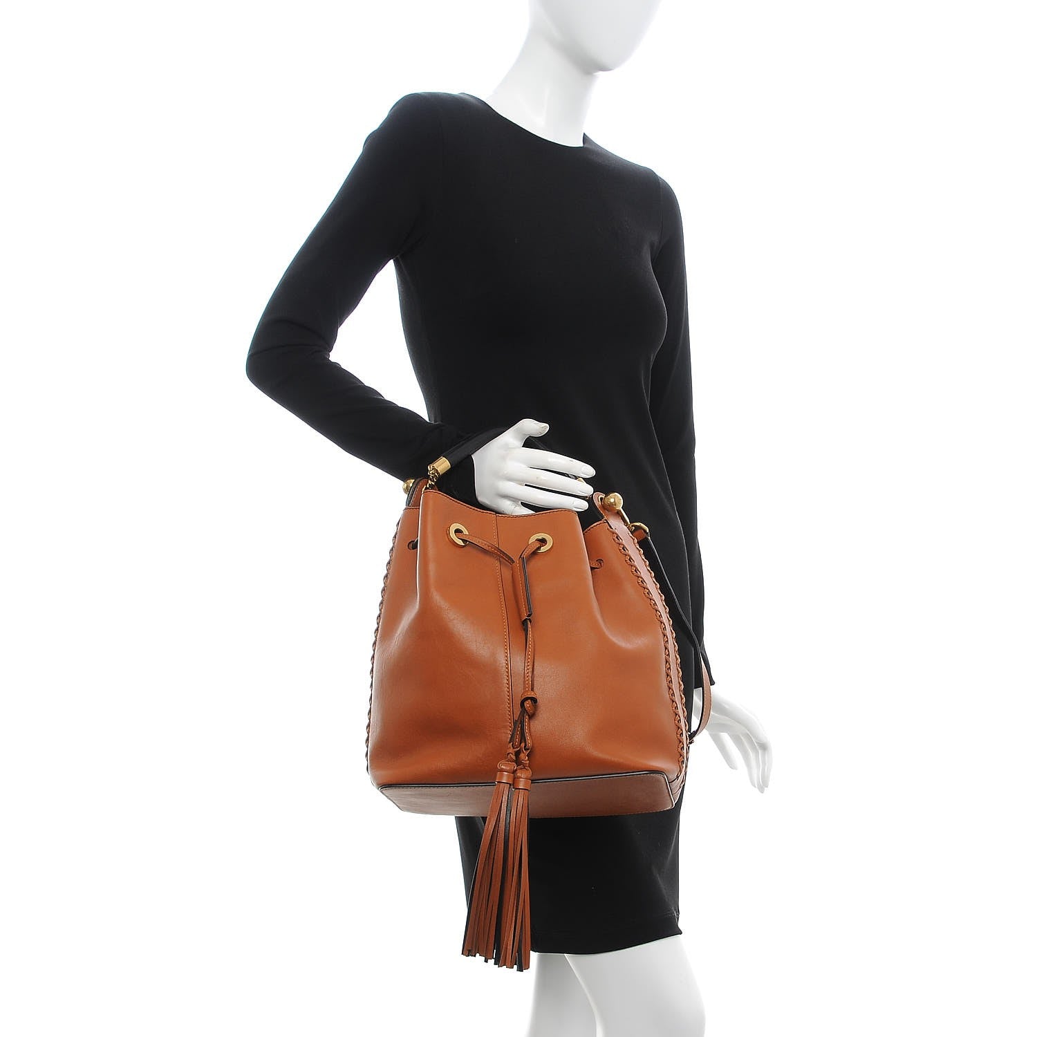 Chloe Calfskin Medium Gala Cross-Stitch Bucket Bag Caramel 2 of 9