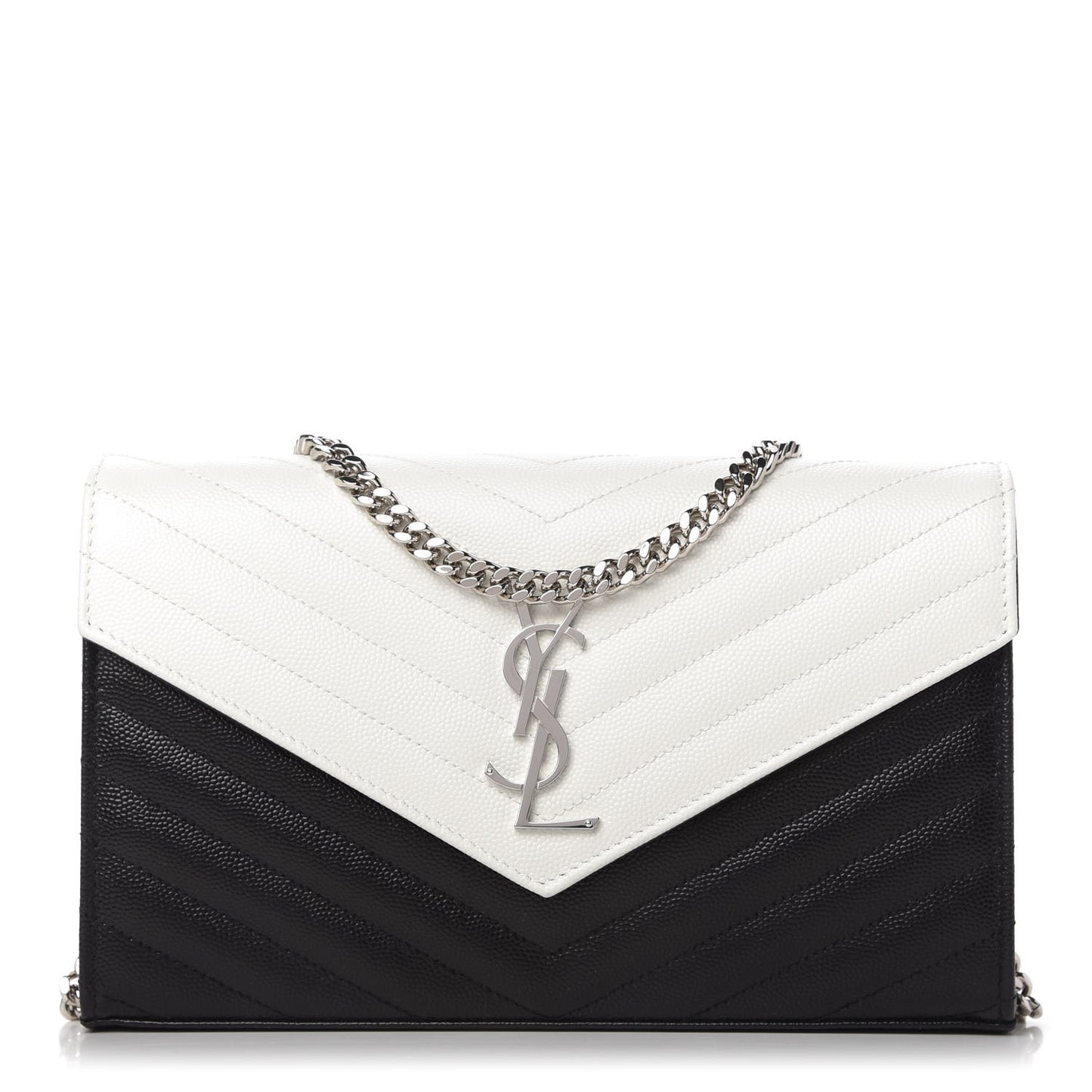 Grain De Poudre Matelasse Chevron Bi-Color Monogram Chain Wallet White Black