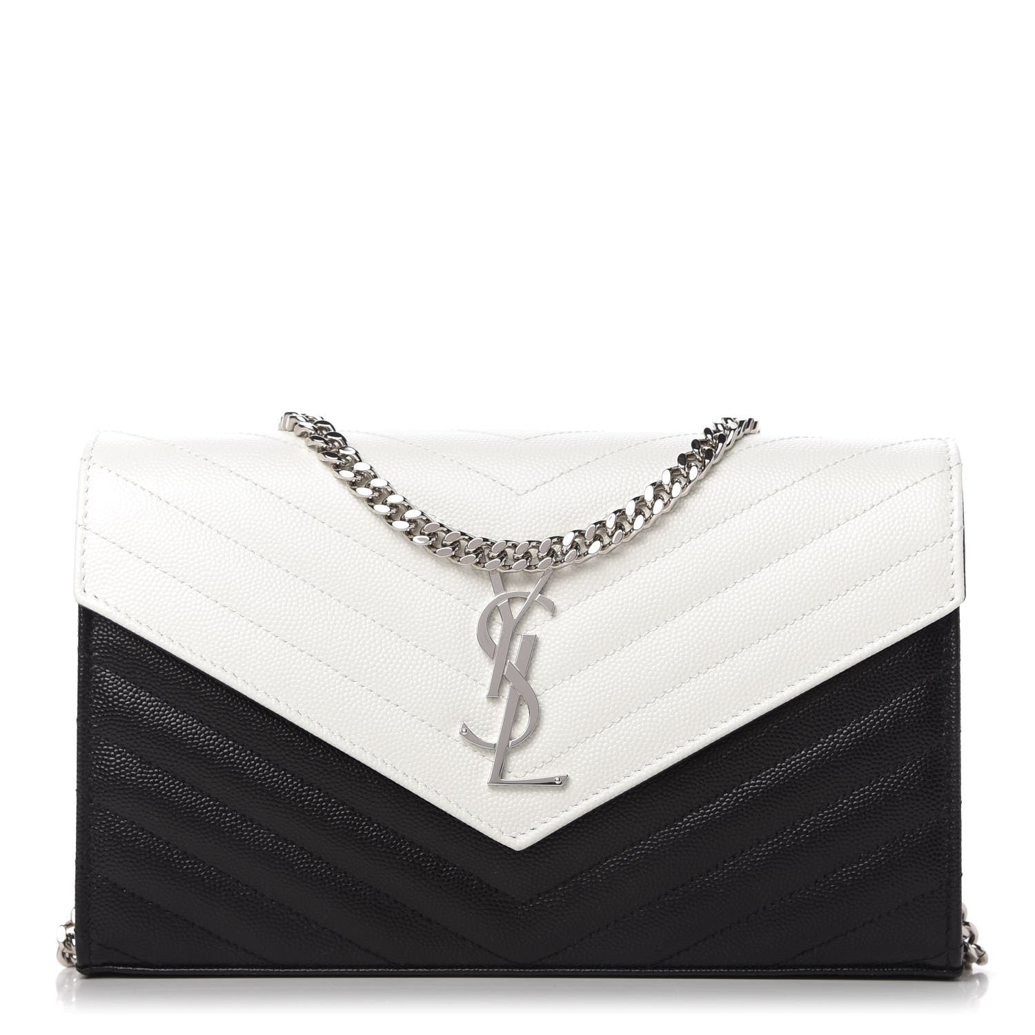 Saint Laurent Grain De Poudre Matelasse Chevron Bi-Color Monogram Chain Wallet White Black 1 of 9