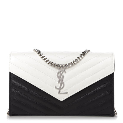 Saint Laurent Grain De Poudre Matelasse Chevron Bi-Color Monogram Chain Wallet White Black 1 of 9