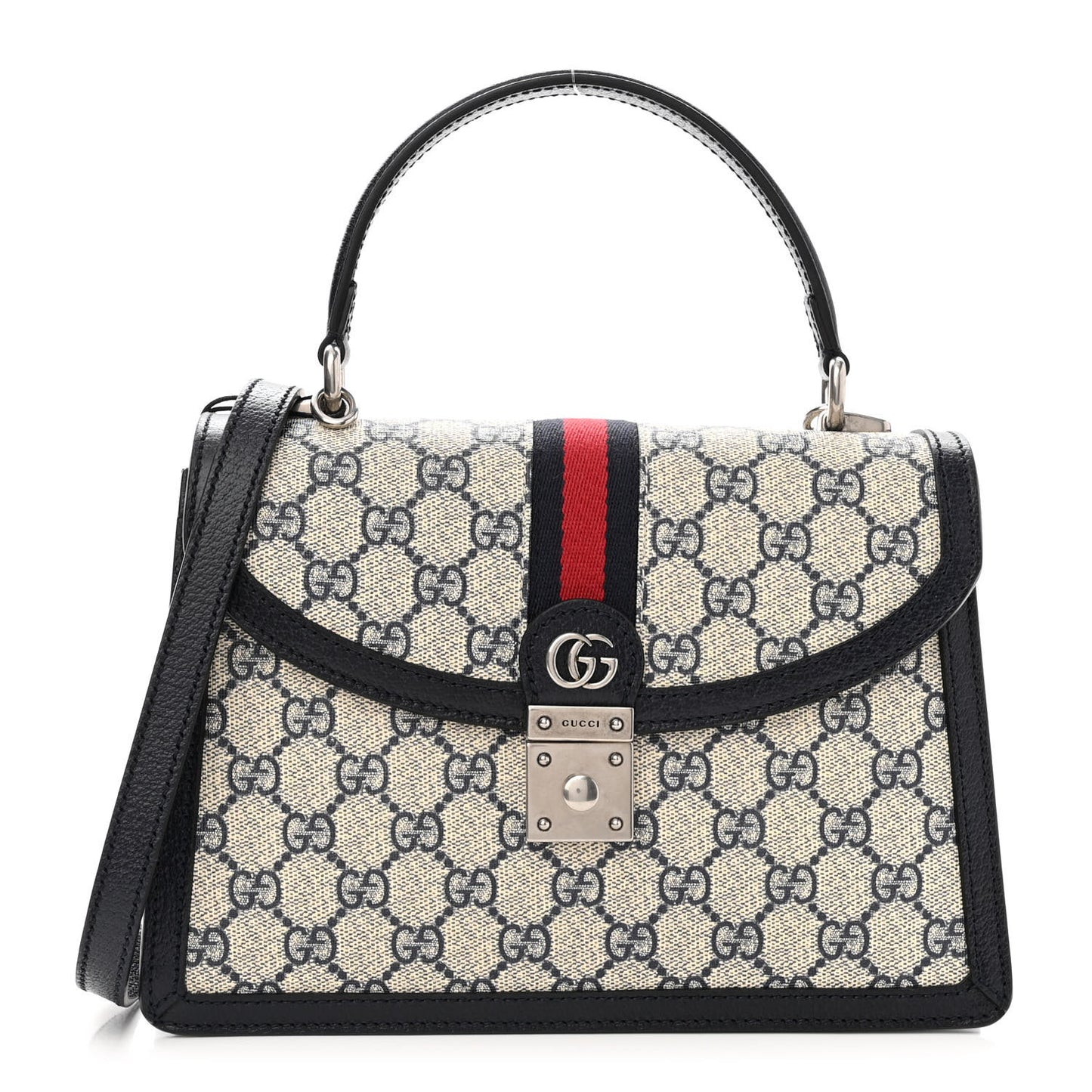 GG Supreme Monogram Textured Dollar Calfskin Web Small Ophidia Padlock Top Handle Bag Beige Blue