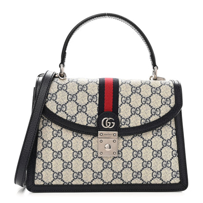 Gucci GG Supreme Monogram Textured Dollar Calfskin Web Small Ophidia Padlock Top Handle Bag Beige Blue 1 of 10