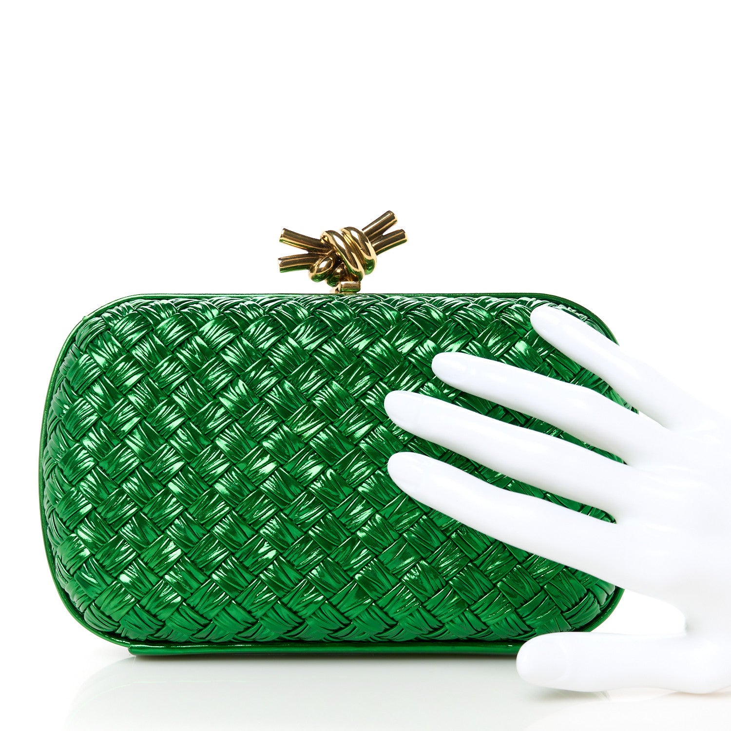 Bottega Veneta Metallic Intrecciato Minaudiere Knot Clutch Green 2 of 9