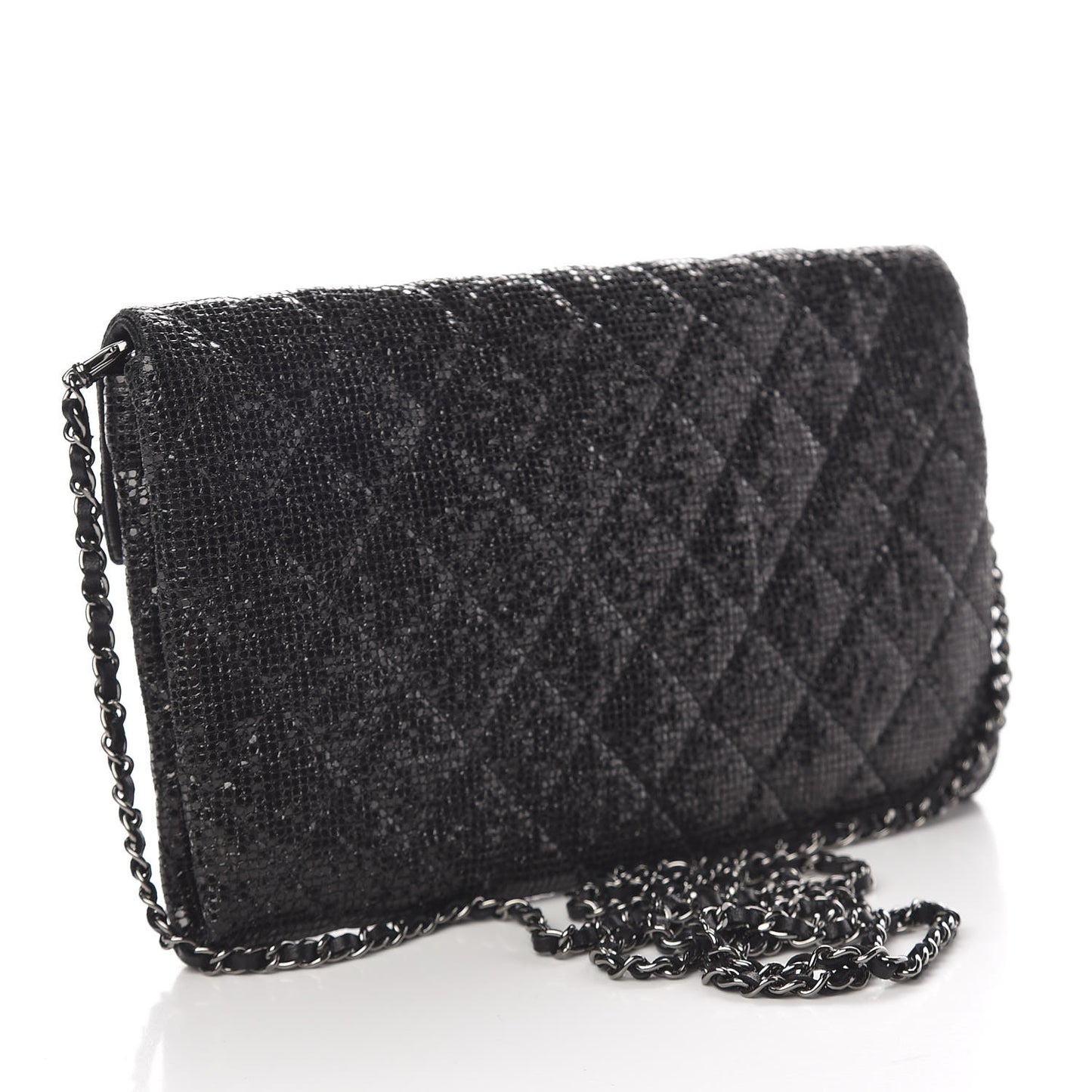Iridescent Vinyl Quilted Clutch With Chain Black