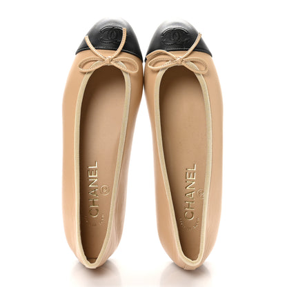 Chanel Lambskin Cap Toe CC Ballerina Flats 37.5 Beige Black 2 of 10
