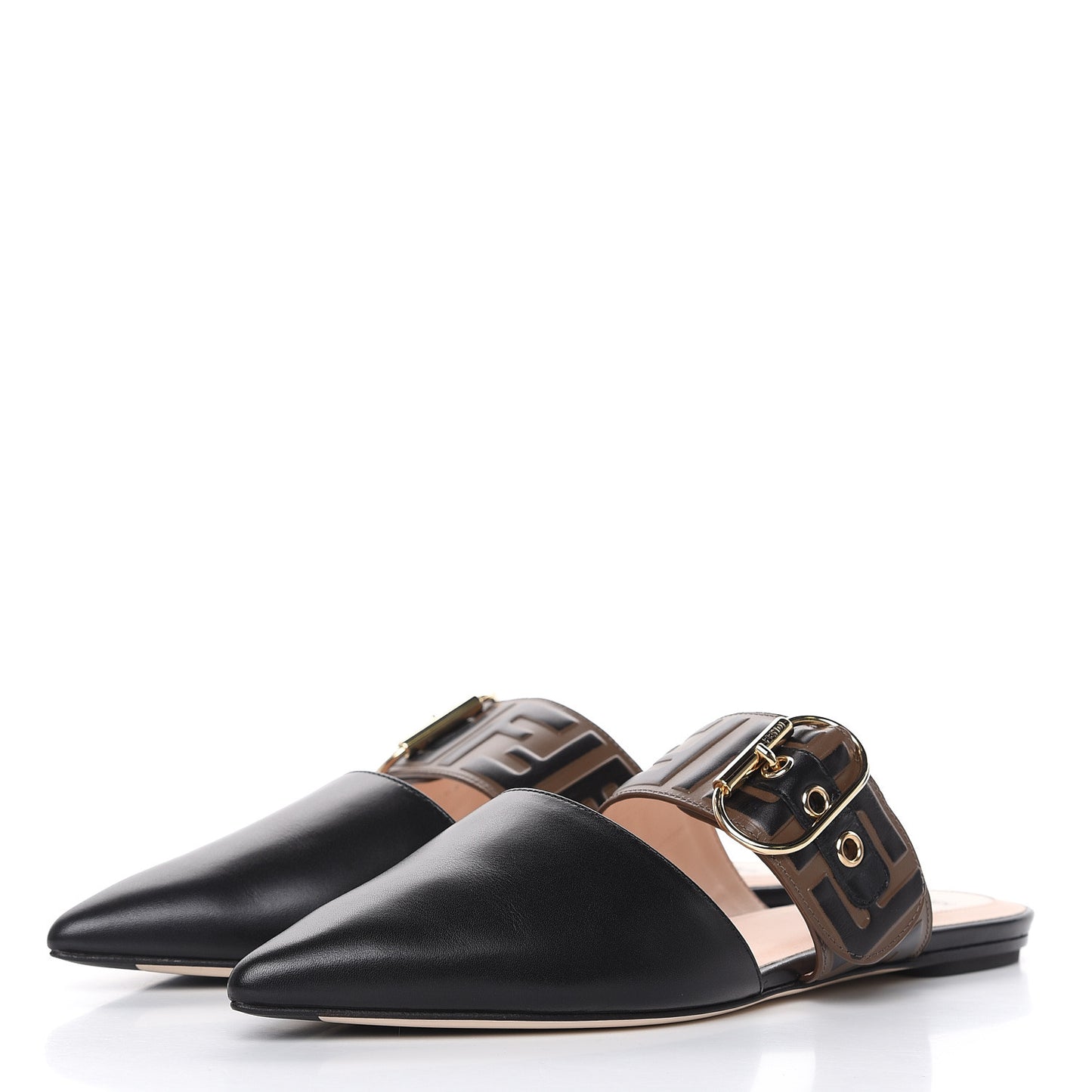 Vitello FF Embossed Buckle Flat Mules 37 Maya Black
