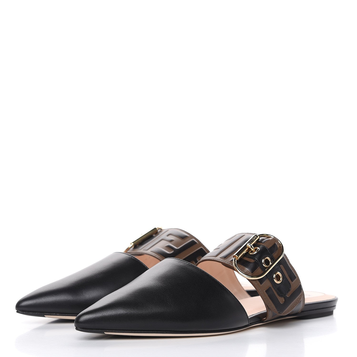 Fendi Vitello FF Embossed Buckle Flat Mules 37 Maya Black 3 of 8