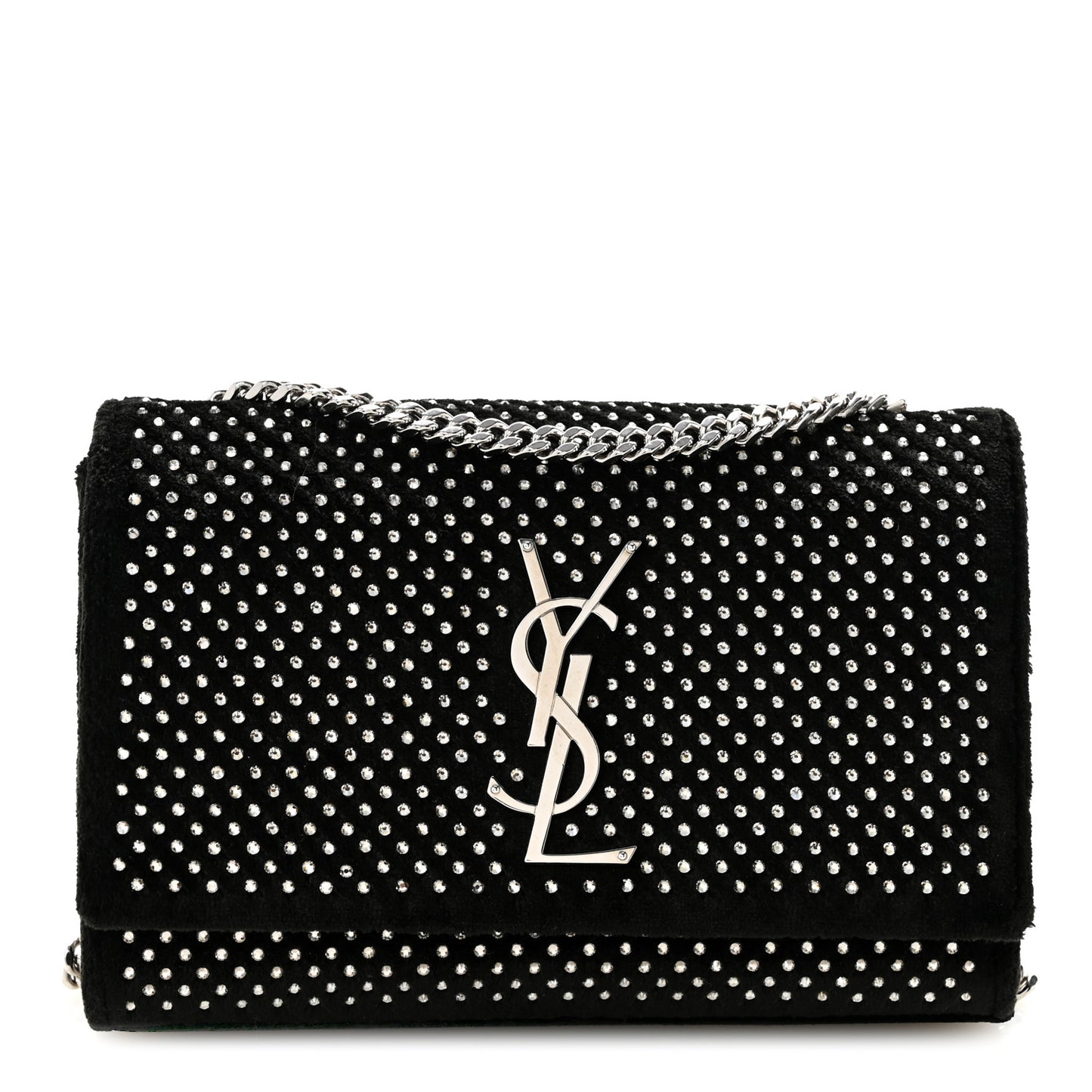 Velvet Crystal Studded Monogram Small Kate Satchel Black