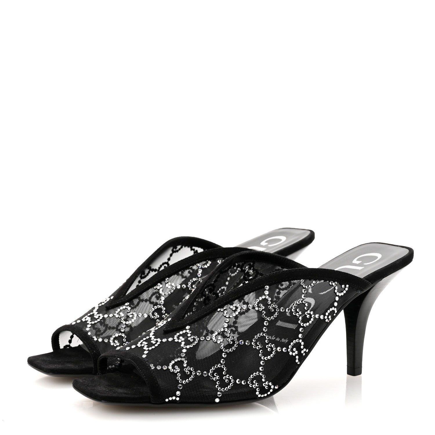 Gucci Tela Retino Kid Scamosciato Crystal GG Monogram Square G 95mm Slide Sandals 40 Black 4 of 9