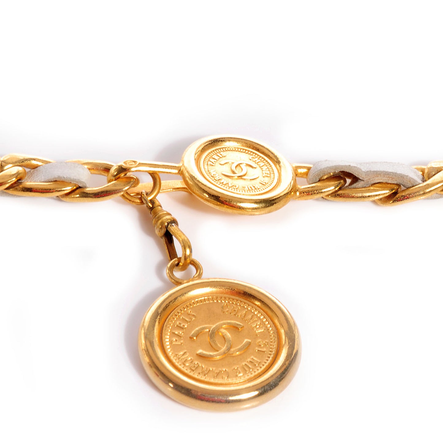 Leather Gold Chain CC Medallion Belt White