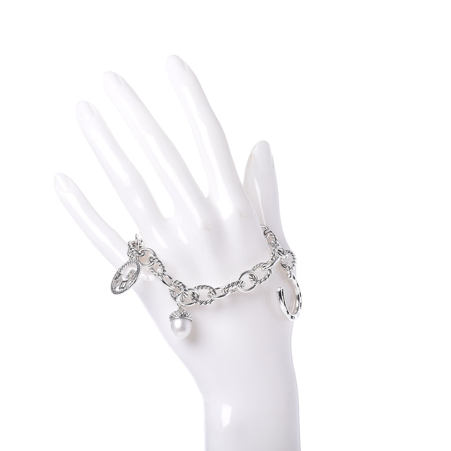 David Yurman Sterling Silver Diamond Freshwater Pearl 9.5mm Oval Link Charm Bracelet 2 of 5