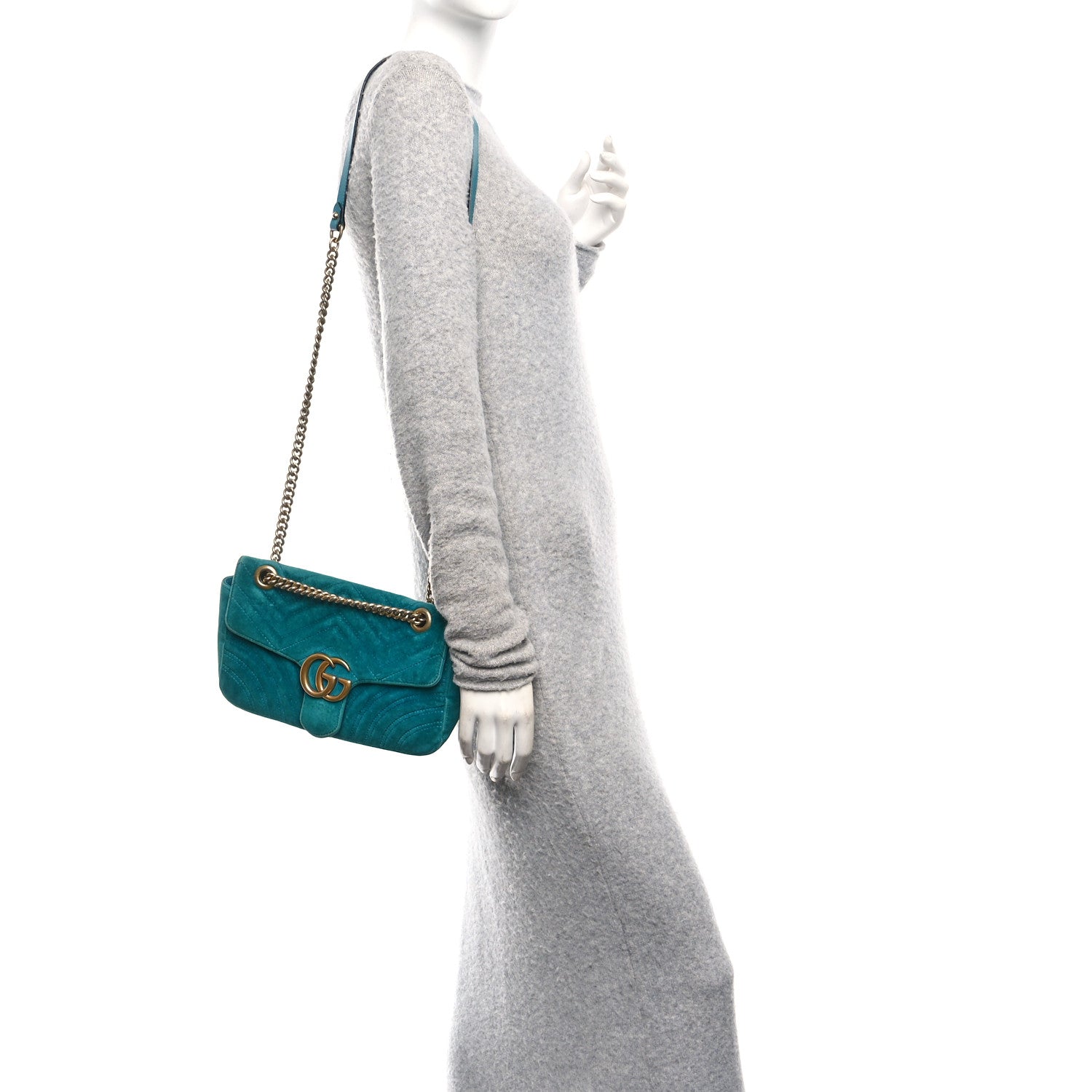 Gucci Velvet Matelasse Small GG Marmont Shoulder Bag Pavone Cyan 2 of 10