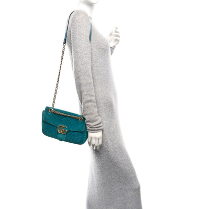 Gucci Velvet Matelasse Small GG Marmont Shoulder Bag Pavone Cyan 2 of 10