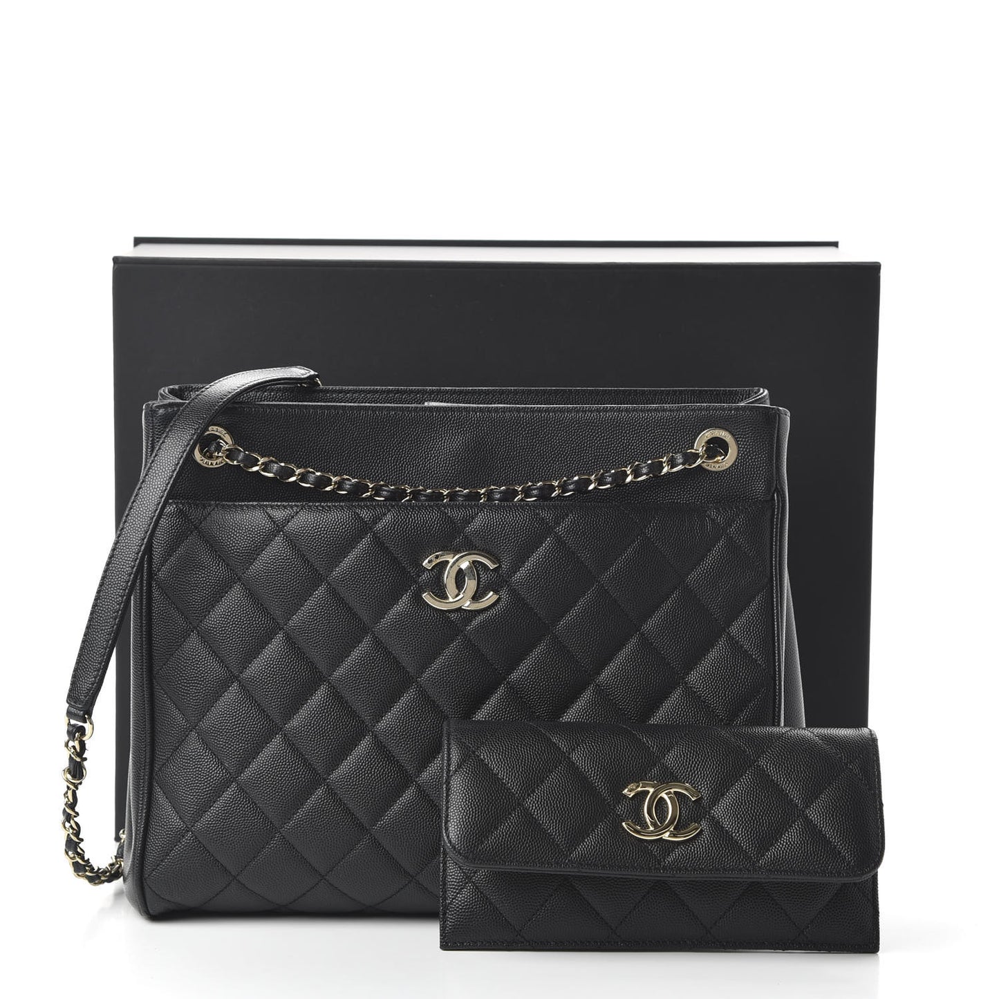 Caviar Quilted In Out Flap Shopping Tote Black
