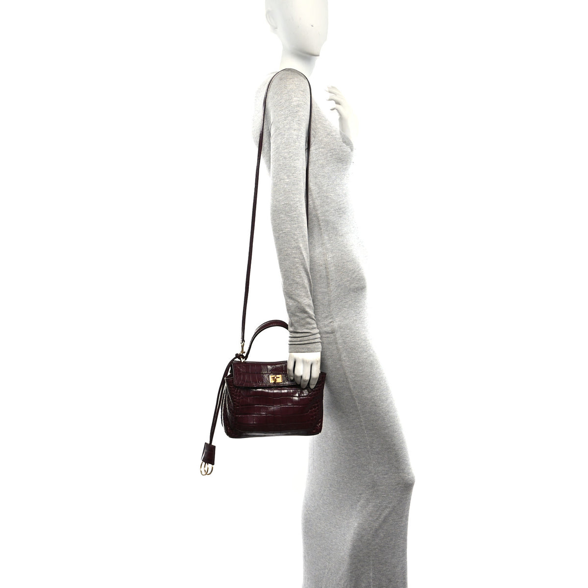 Shiny Calfskin Crocodile Embossed Mini Rodeo Top Handle Handbag Dark Burgundy