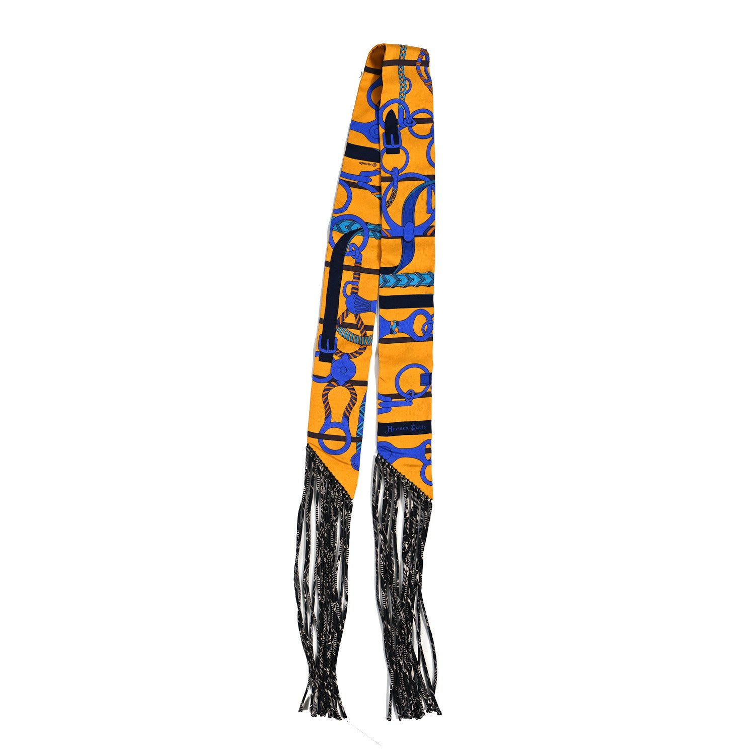 Hermes Silk Panoplie Equestre Fringed Twilly Curry Bleu 2 of 4