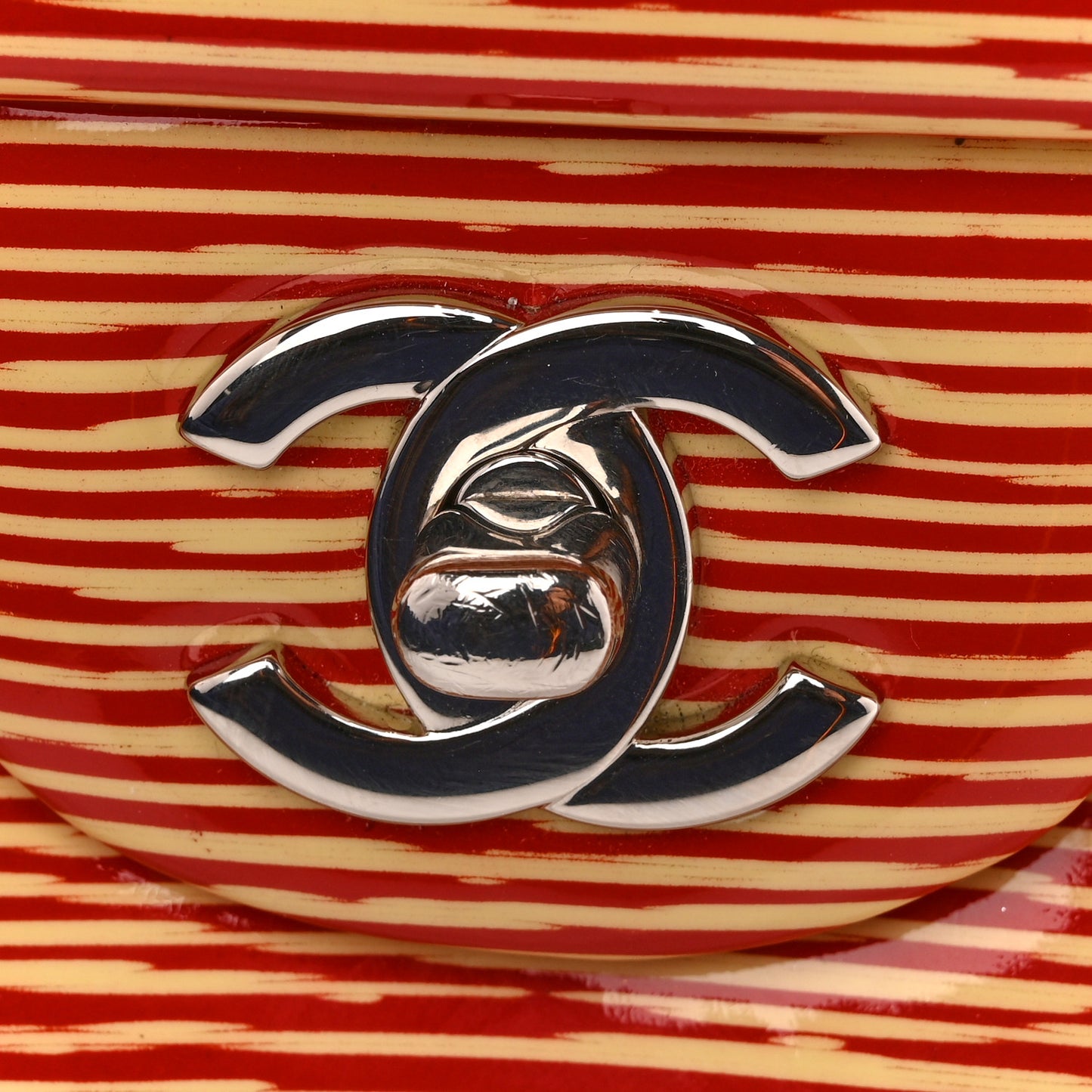 Patent Calfskin Striped Clutch With Chain Flap Red