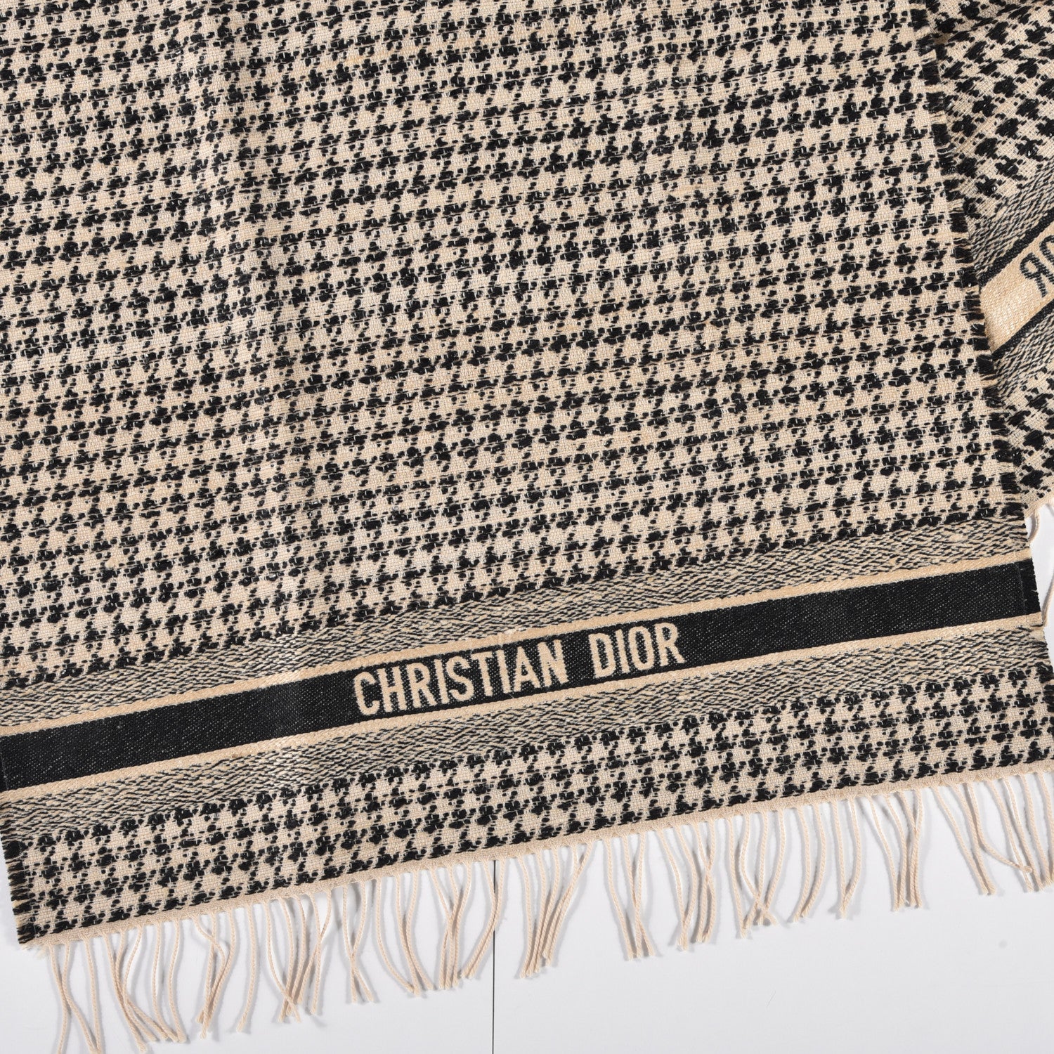 Christian Dior Wool Silk Houndstooth Fringe Scarf Beige Black 3 of 4