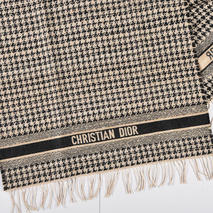 Christian Dior Wool Silk Houndstooth Fringe Scarf Beige Black 3 of 4