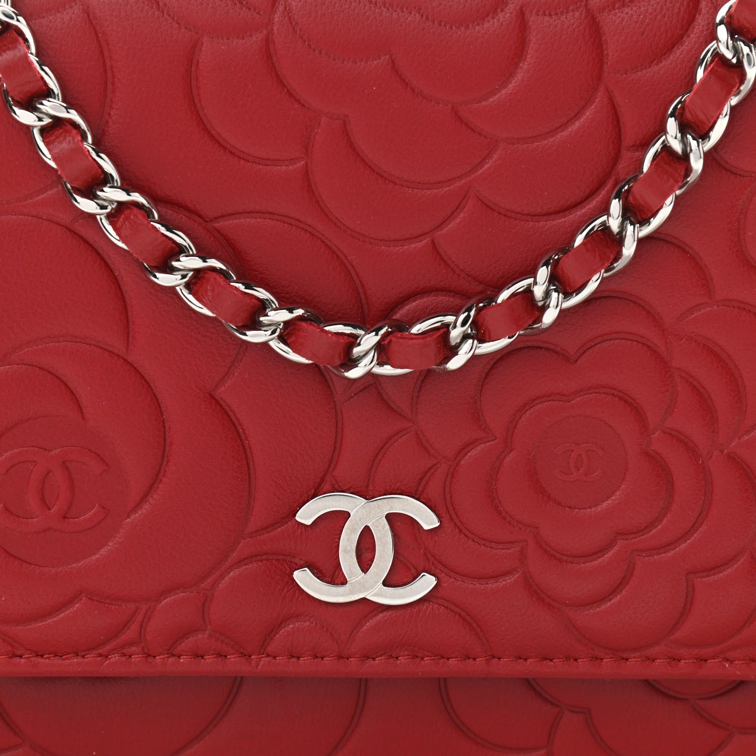 Chanel Lambskin Camellia Embossed Wallet On Chain WOC Red 9 of 12