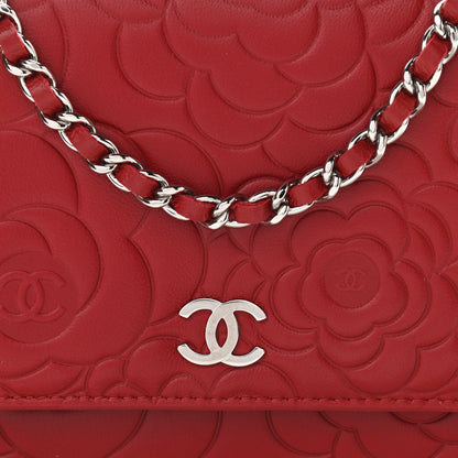 Chanel Lambskin Camellia Embossed Wallet On Chain WOC Red 9 of 12